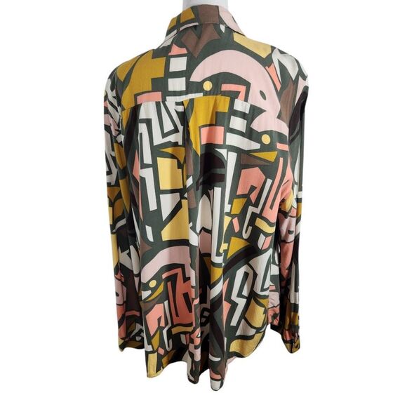 Big Dart Multi-Color Abstract Geometric Print Blouse Size 2X Colorful Retro Top - Picture 2 of 8